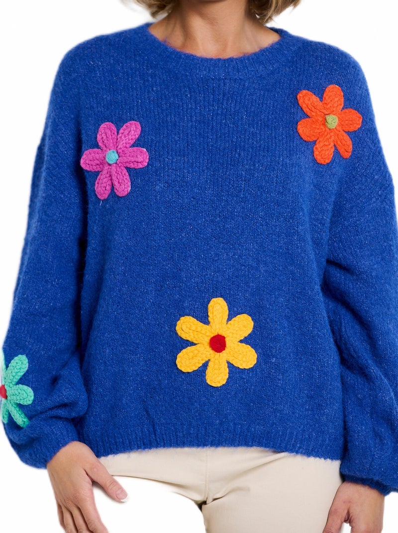 Pull chaud laine fleurs appliquées Bleu - Kiabi
