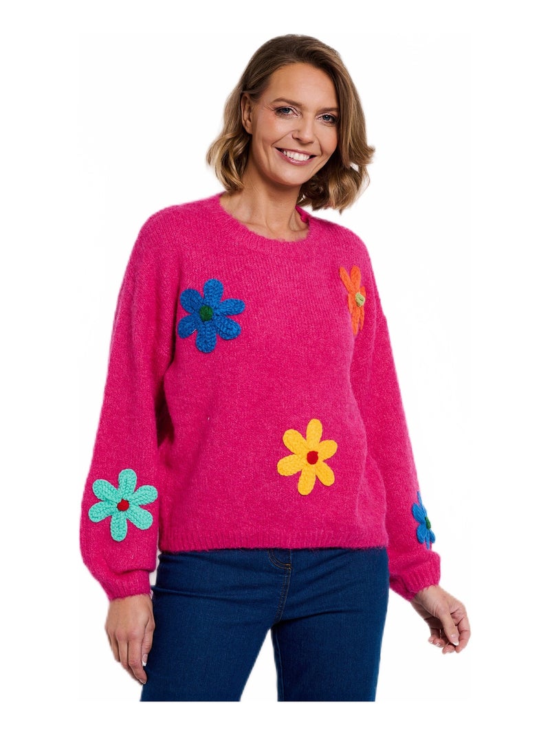 Pull chaud laine fleurs appliquées Rose fushia - Kiabi