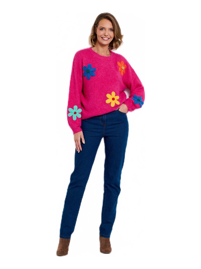 Pull chaud laine fleurs appliquées Rose fushia - Kiabi