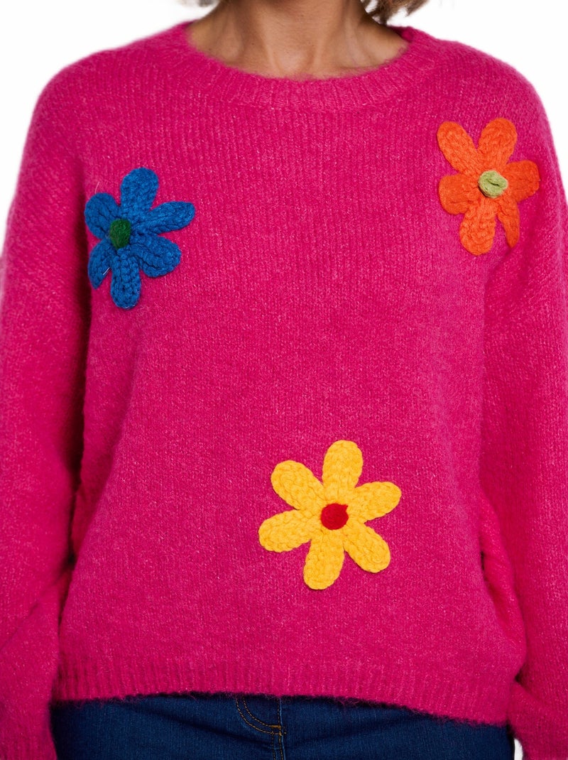 Pull chaud laine fleurs appliquées Rose fushia - Kiabi