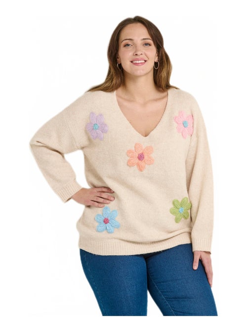 Pull chaud maille applications fleurs - Kiabi