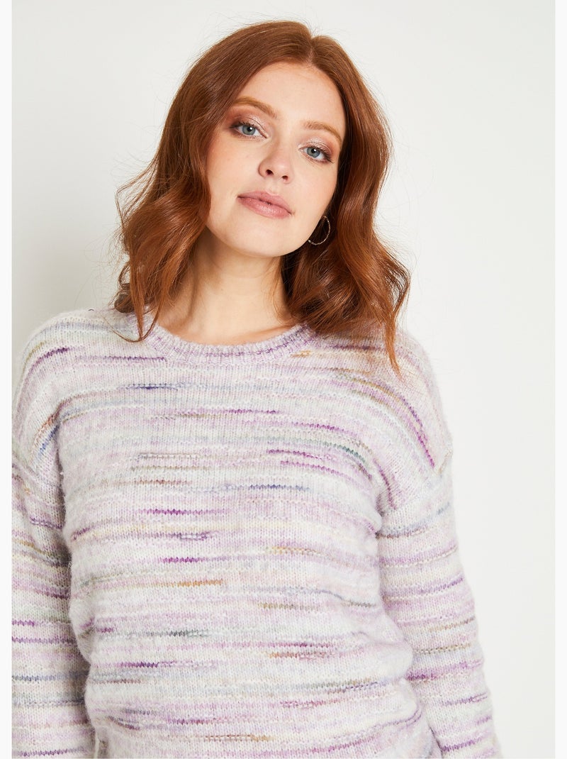 Pull chaud mouliné col rond avec laine - Afibel Lilas/Blanc cassé/Caramel - Kiabi