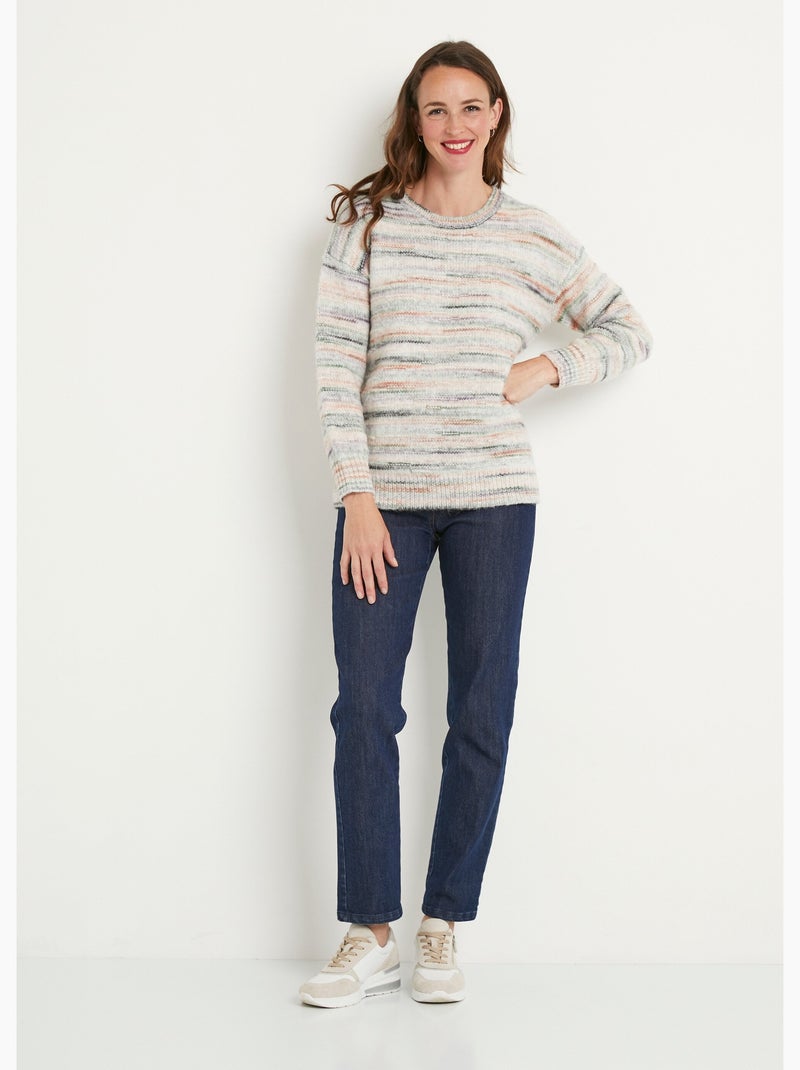 Pull chaud mouliné col rond avec laine - Afibel Vert/Orange - Kiabi