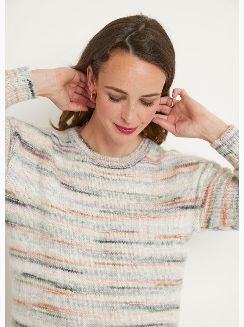 Pull chaud mouliné col rond avec laine - Afibel Vert/Orange - Kiabi