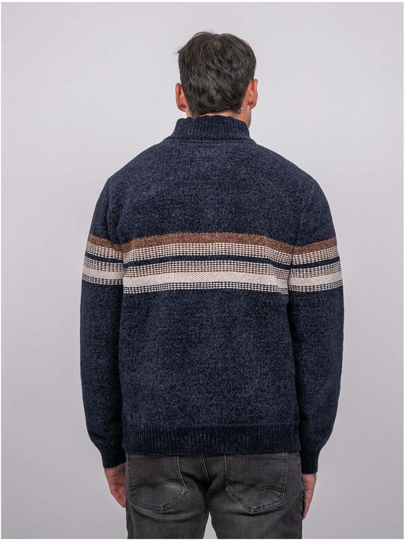 Pull chenille col camionneur zippé rayures latoria Bleu marine - Kiabi