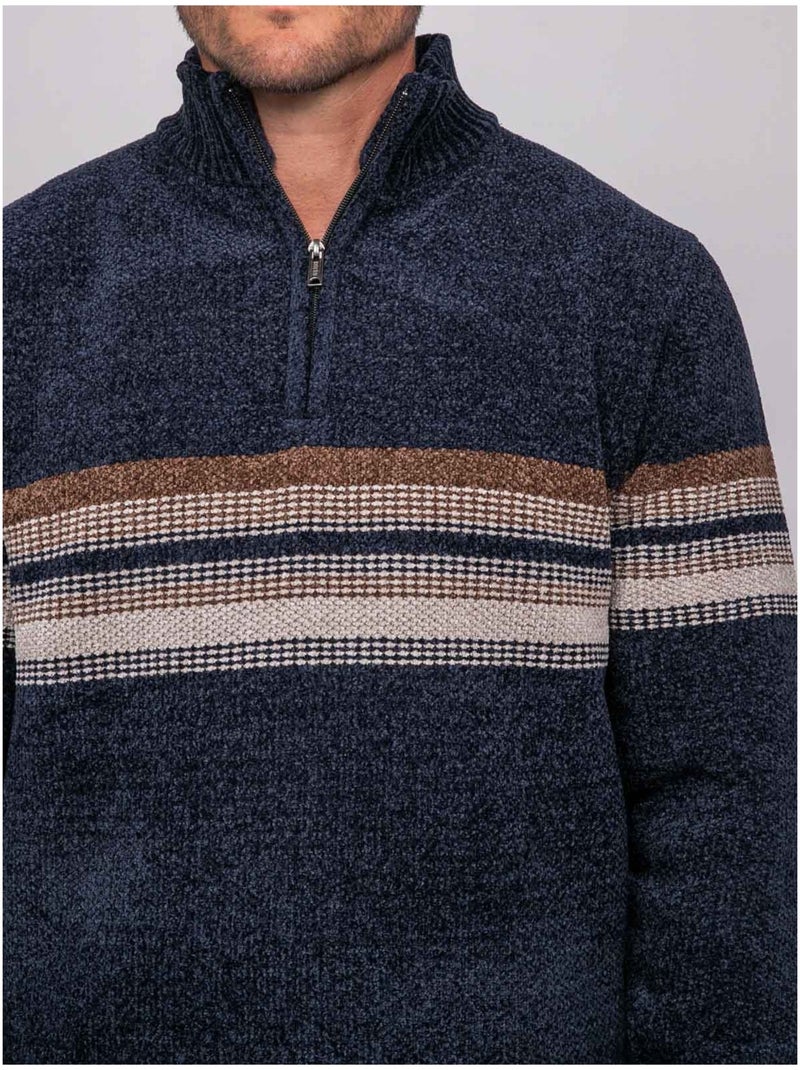 Pull chenille col camionneur zippé rayures latoria Bleu marine - Kiabi