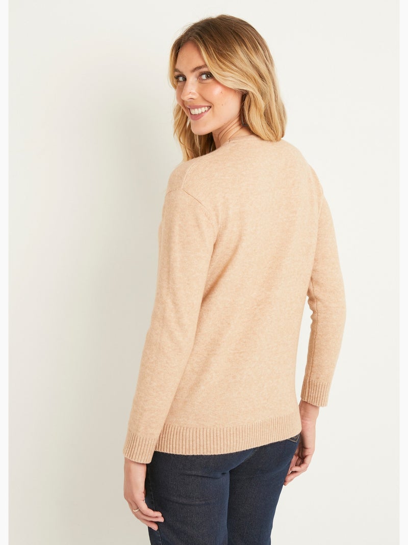 Pull chiné court col rond avec laine - Afibel Sable - Kiabi