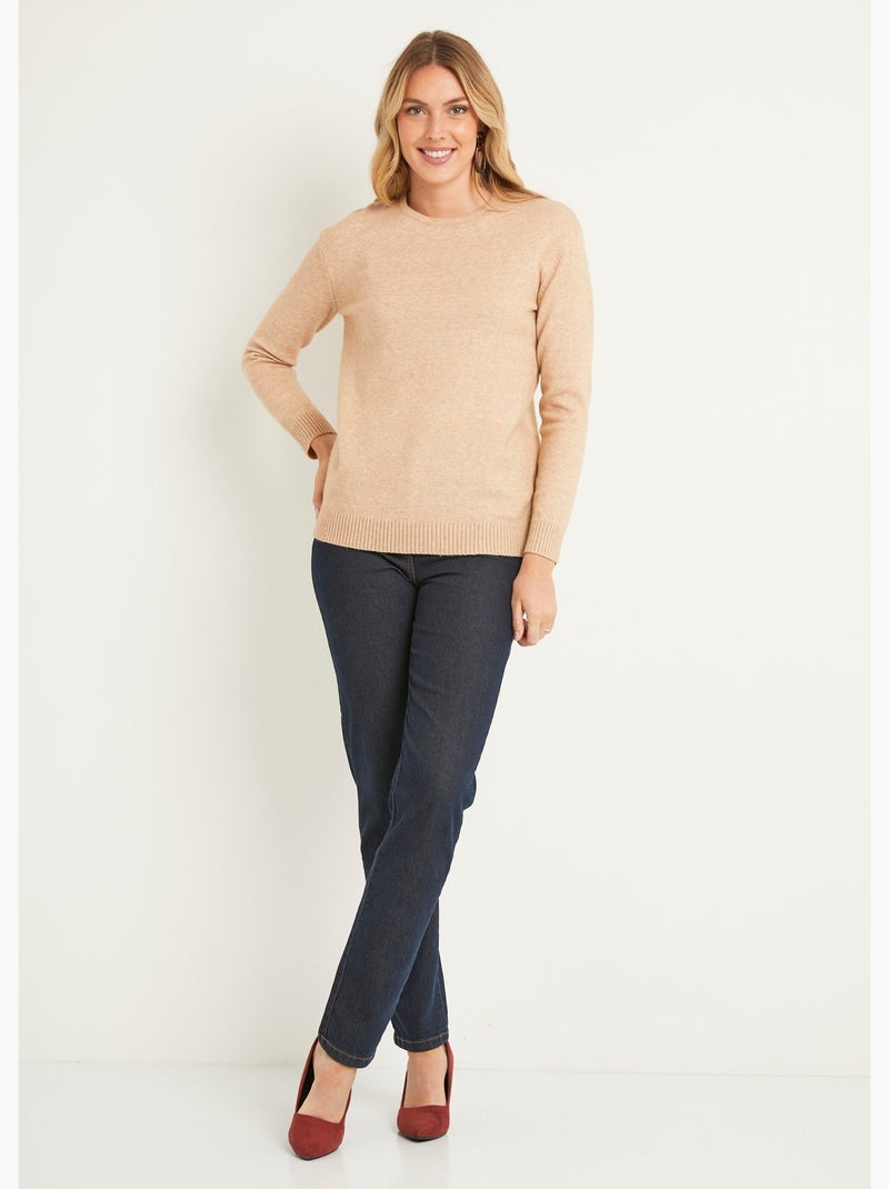 Pull chiné court col rond avec laine - Afibel Sable - Kiabi