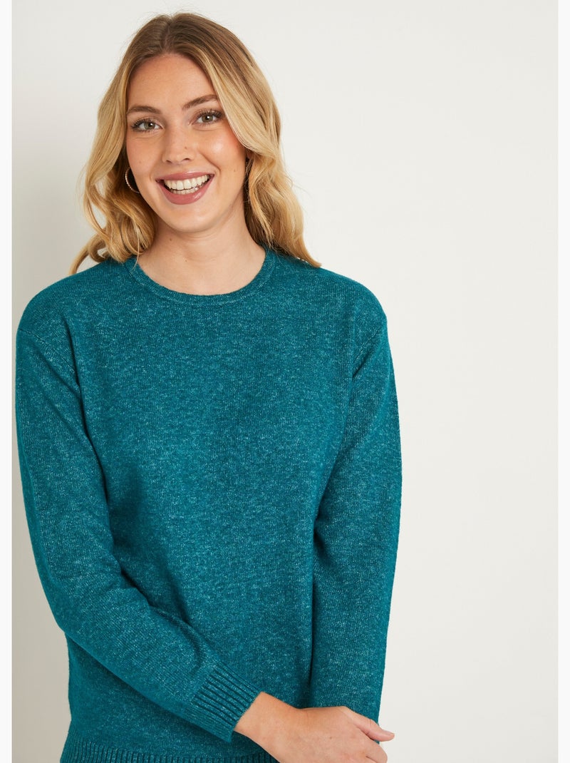 Pull chiné court col rond avec laine Bleu canard - Kiabi