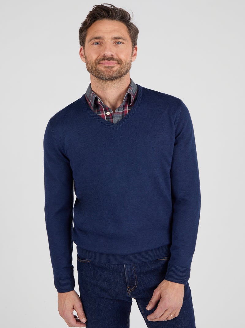 Pull classique encolure V avec laine - Damart Bleu marine - Kiabi