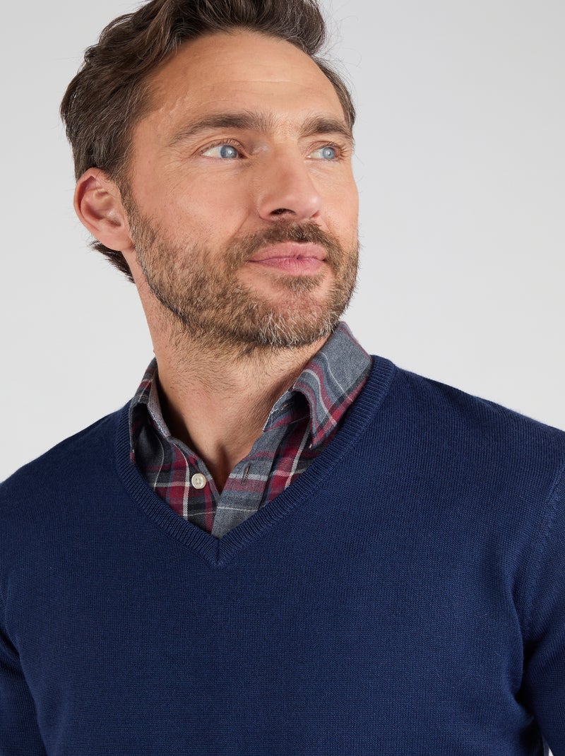 Pull classique encolure V avec laine - Damart Bleu marine - Kiabi