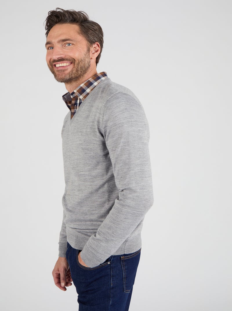 Pull classique encolure V avec laine - Damart Gris - Kiabi