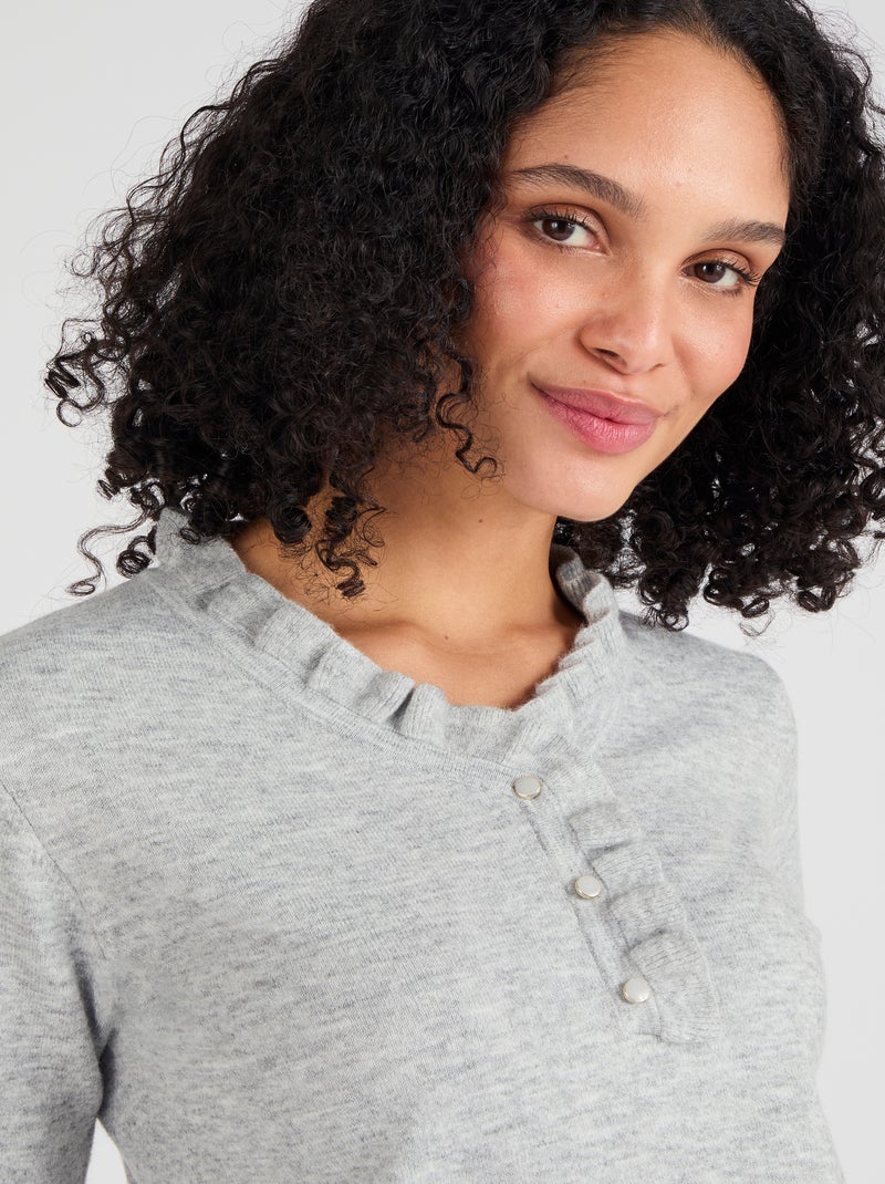 Pull col à volant mélange laine Thermolactyl - Damart Gris chiné - Kiabi