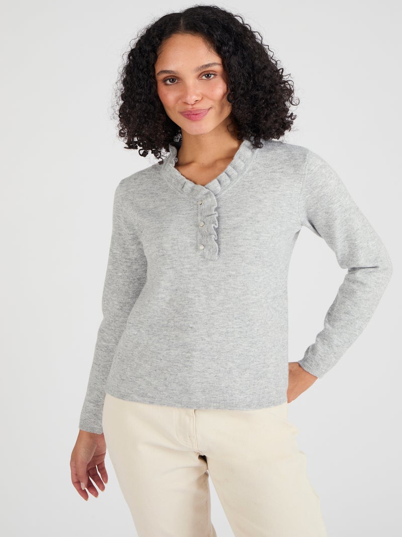 Pull col à volant mélange laine Thermolactyl - Damart Gris chiné - Kiabi