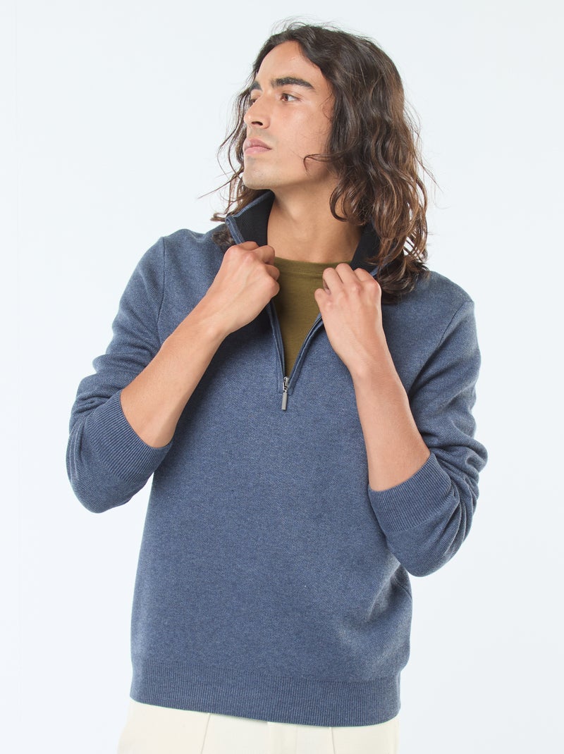 Pull col camionneur zippé en maille Bleu - Kiabi