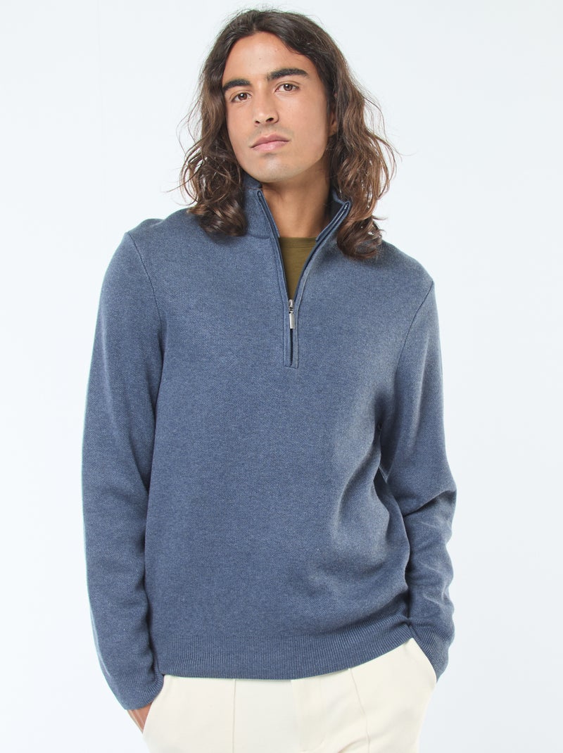Pull col camionneur zippé en maille Bleu - Kiabi