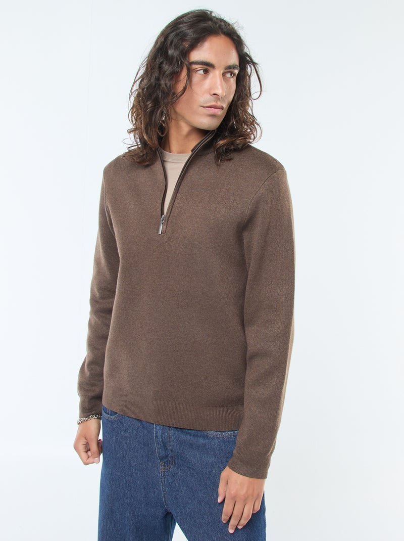 Pull col camionneur zippé en maille Marron - Kiabi