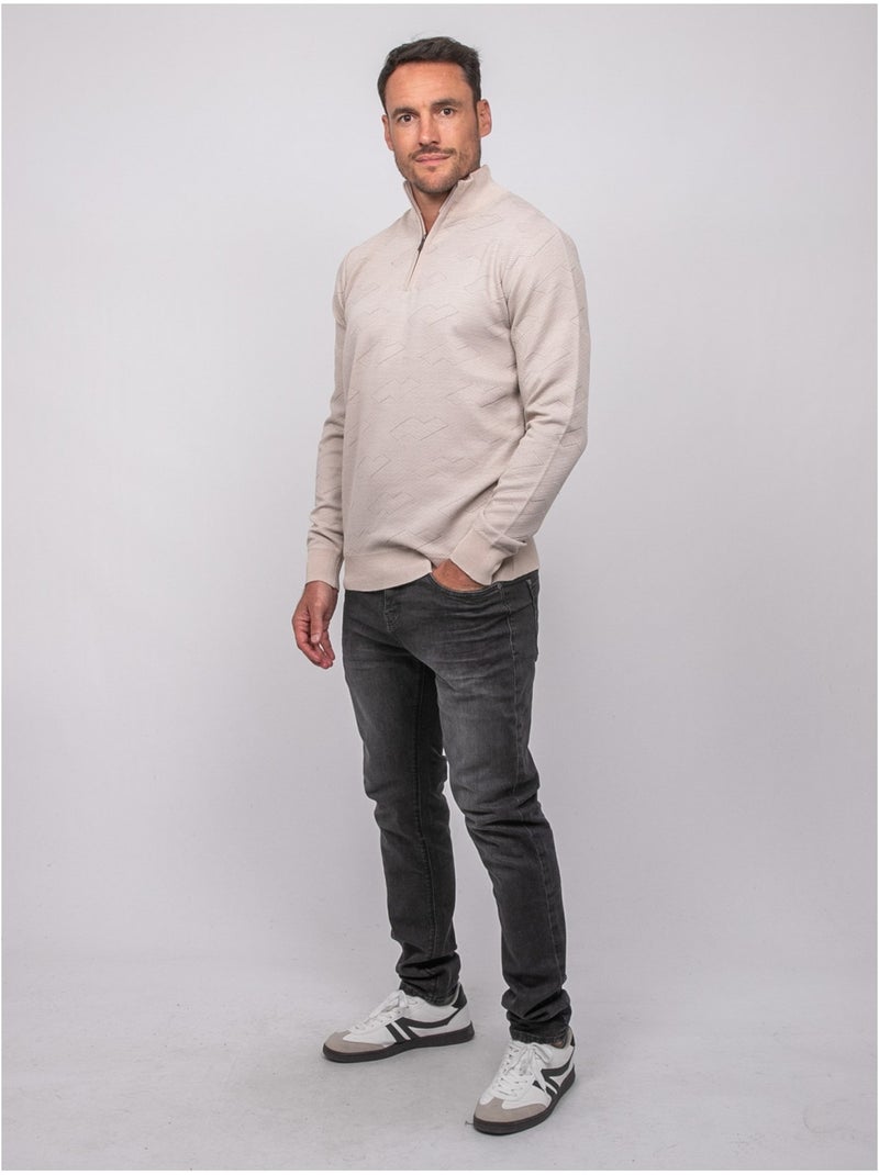 Pull col camionneur zippé jacquard lamaton Beige - Kiabi