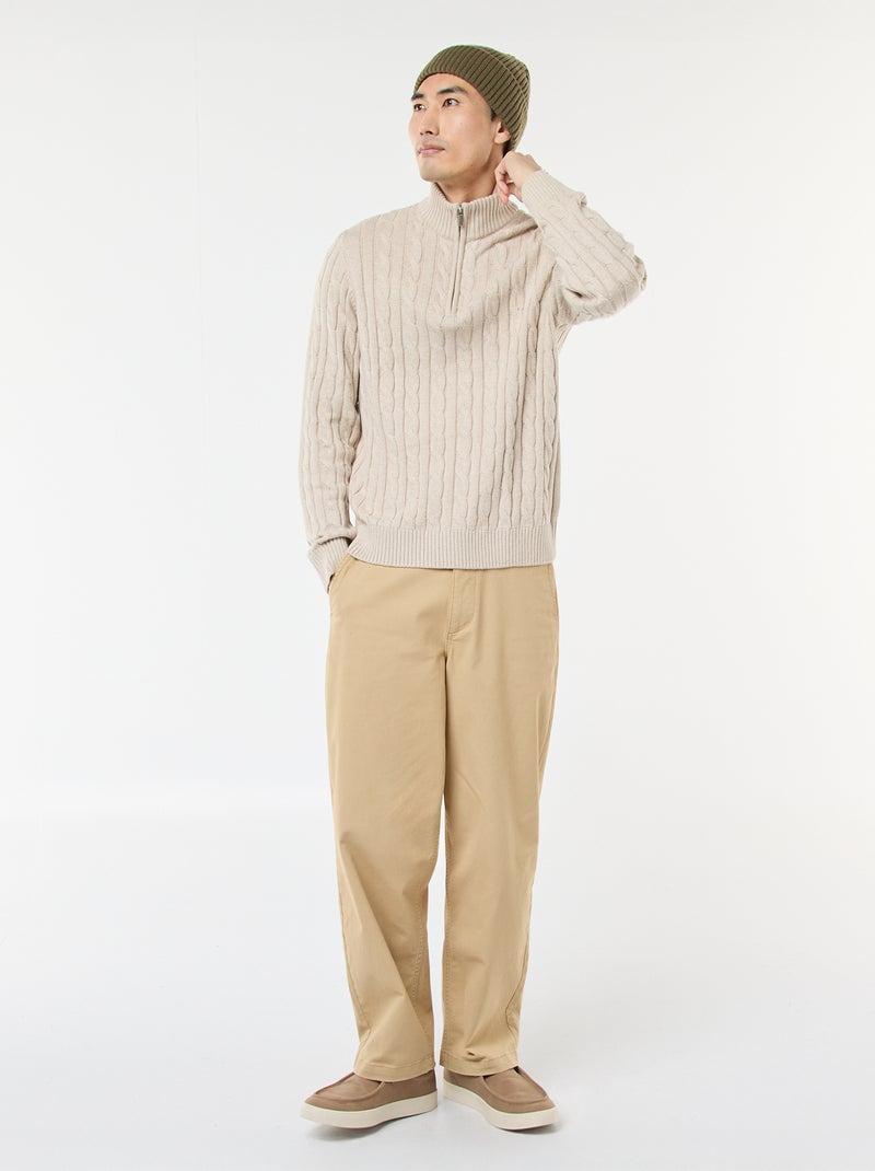 Pull col camionneur zippé torsadé en coton Beige - Kiabi