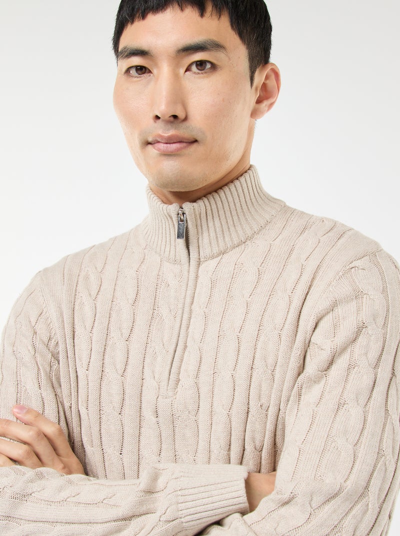 Pull col camionneur zippé torsadé en coton Beige - Kiabi