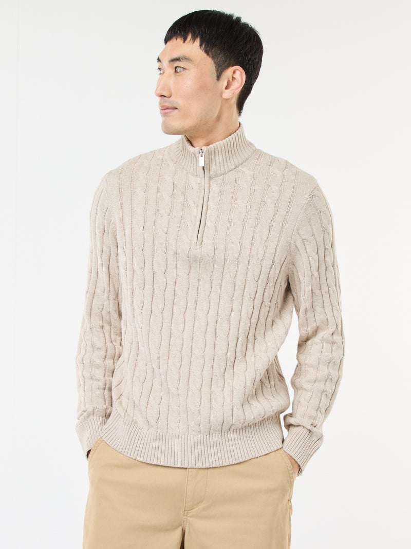 Pull col camionneur zippé torsadé en coton Beige - Kiabi