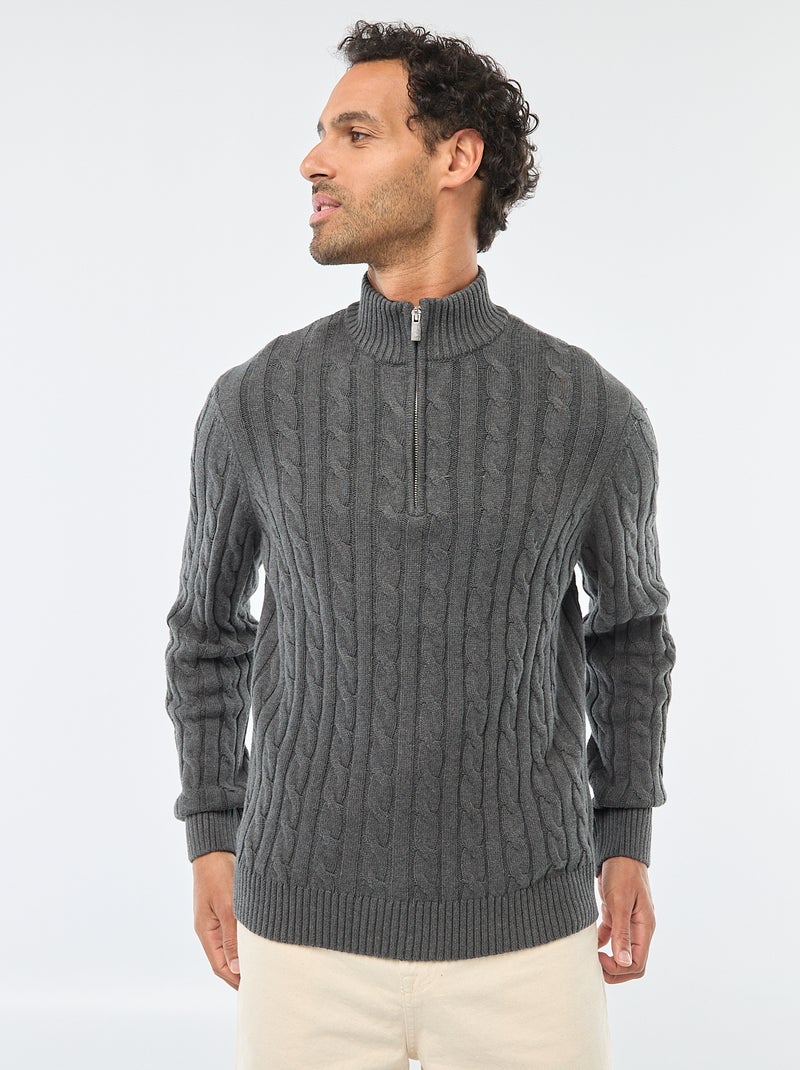 Pull col camionneur zippé torsadé en coton Gris - Kiabi