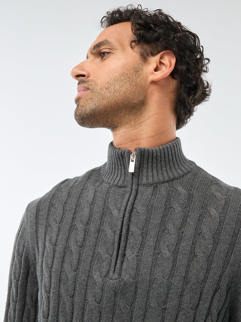 Pull col camionneur zippé torsadé en coton Gris - Kiabi