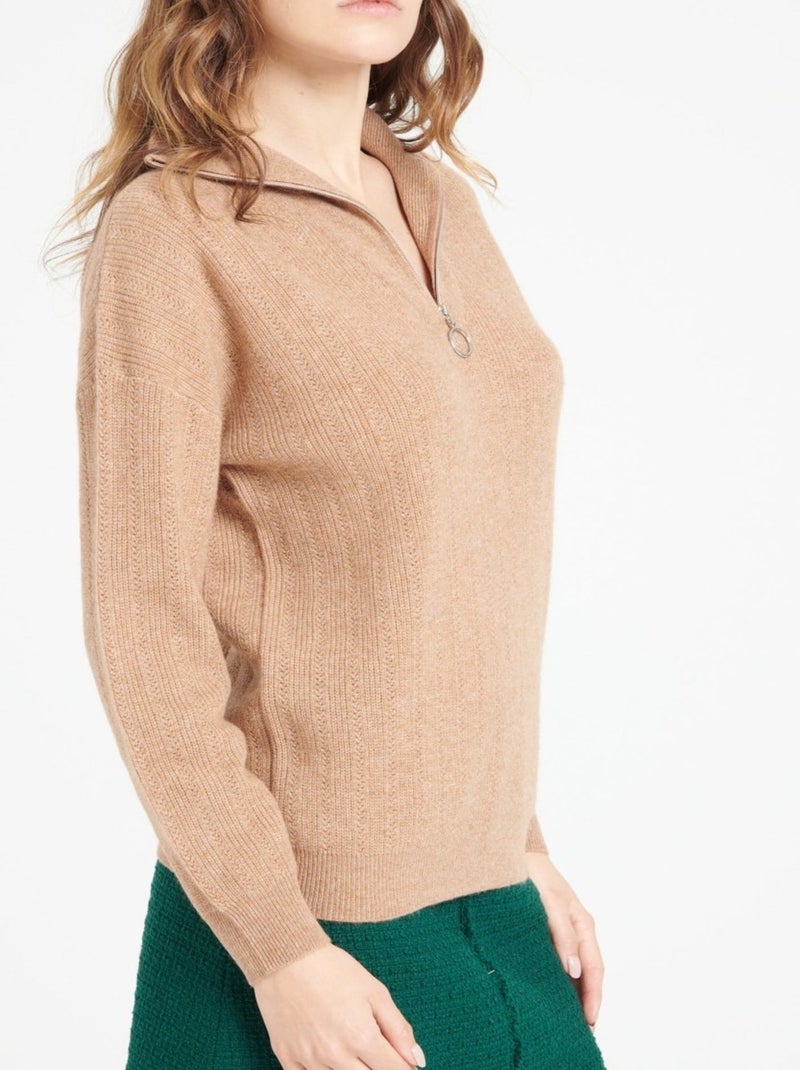 Pull col cheminé zippé femme 100% cachemire - LILLY 28 Camel - Kiabi