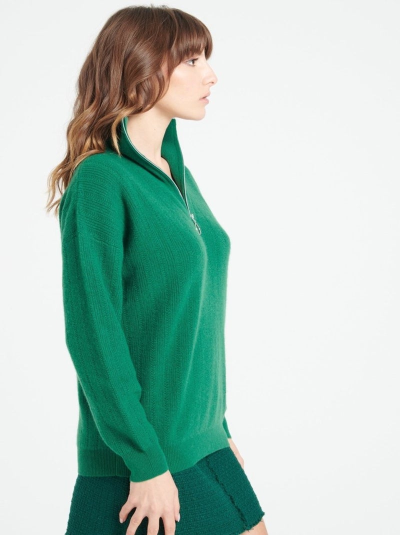 Pull col cheminé zippé femme 100% cachemire - LILLY 28 Vert émeraude - Kiabi