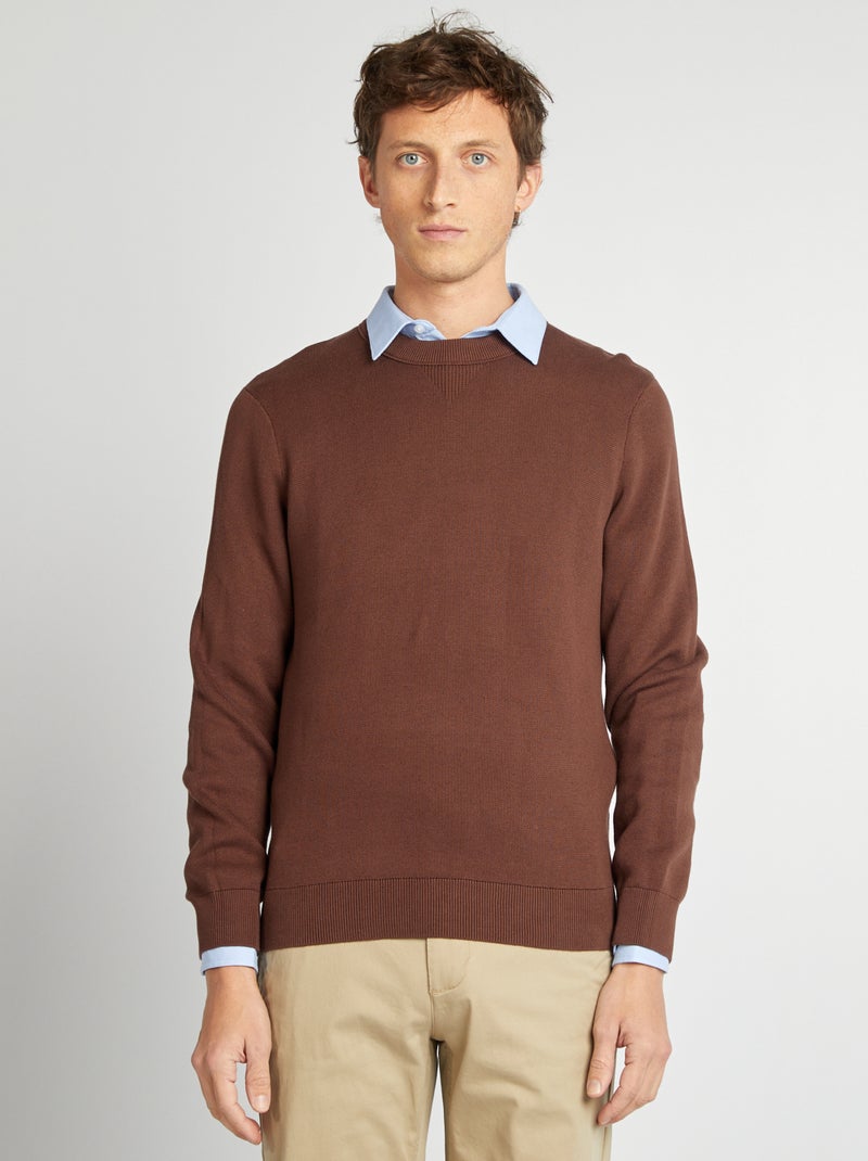 Pull col en maille fine jauge Marron - Kiabi