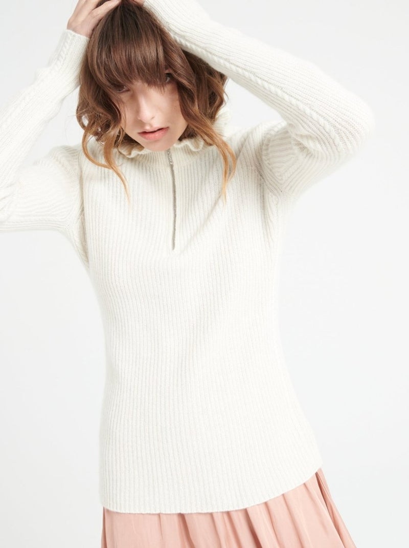 Pull col falbala zippé femme 100% cachemire - MIA 4 Blanc Ecru - Kiabi