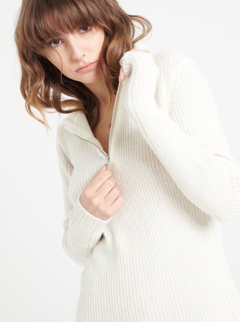 Pull col falbala zippé femme 100% cachemire - MIA 4 Blanc Ecru - Kiabi