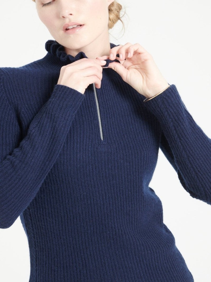 Pull col falbala zippé femme 100% cachemire - MIA 4 Bleu marine - Kiabi