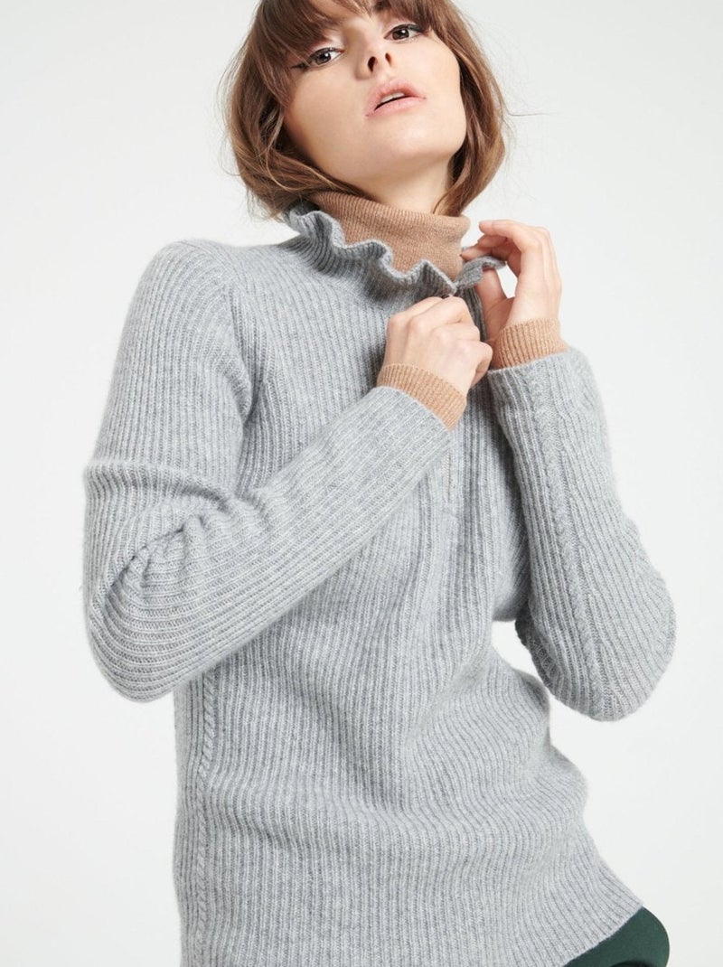 Pull col falbala zippé femme 100% cachemire - MIA 4 Gris clair - Kiabi