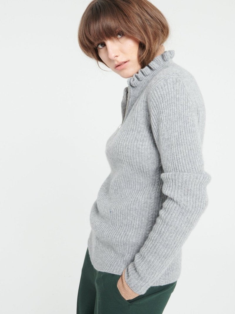 Pull col falbala zippé femme 100% cachemire - MIA 4 Gris clair - Kiabi