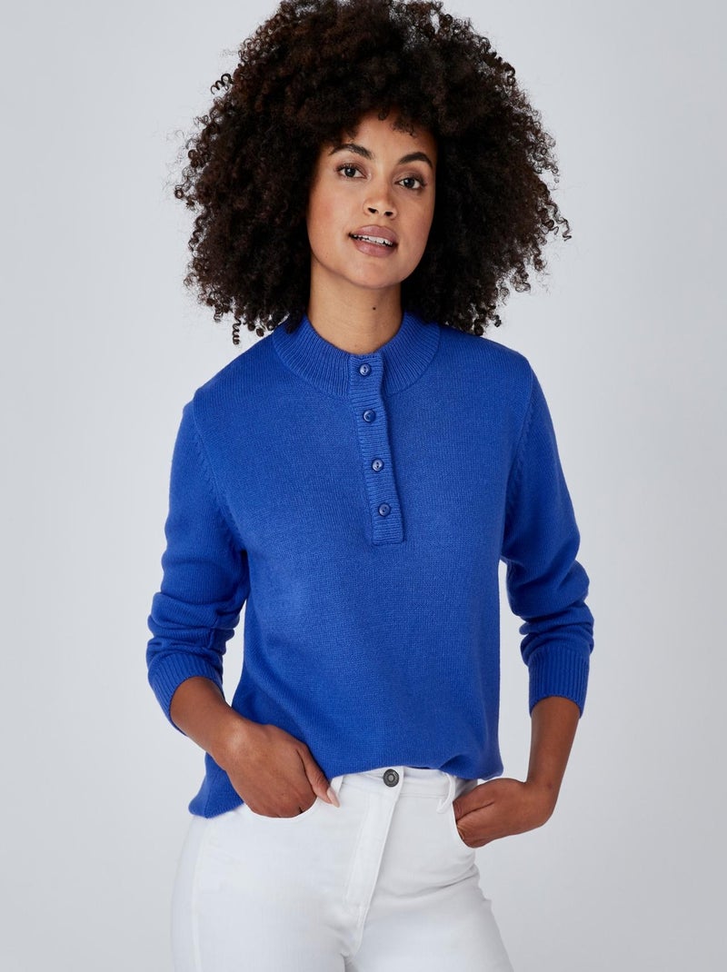 Pull col montant boutonné - Damart Bleu cobalt - Kiabi