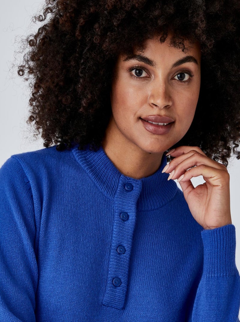 Pull col montant boutonné - Damart Bleu cobalt - Kiabi