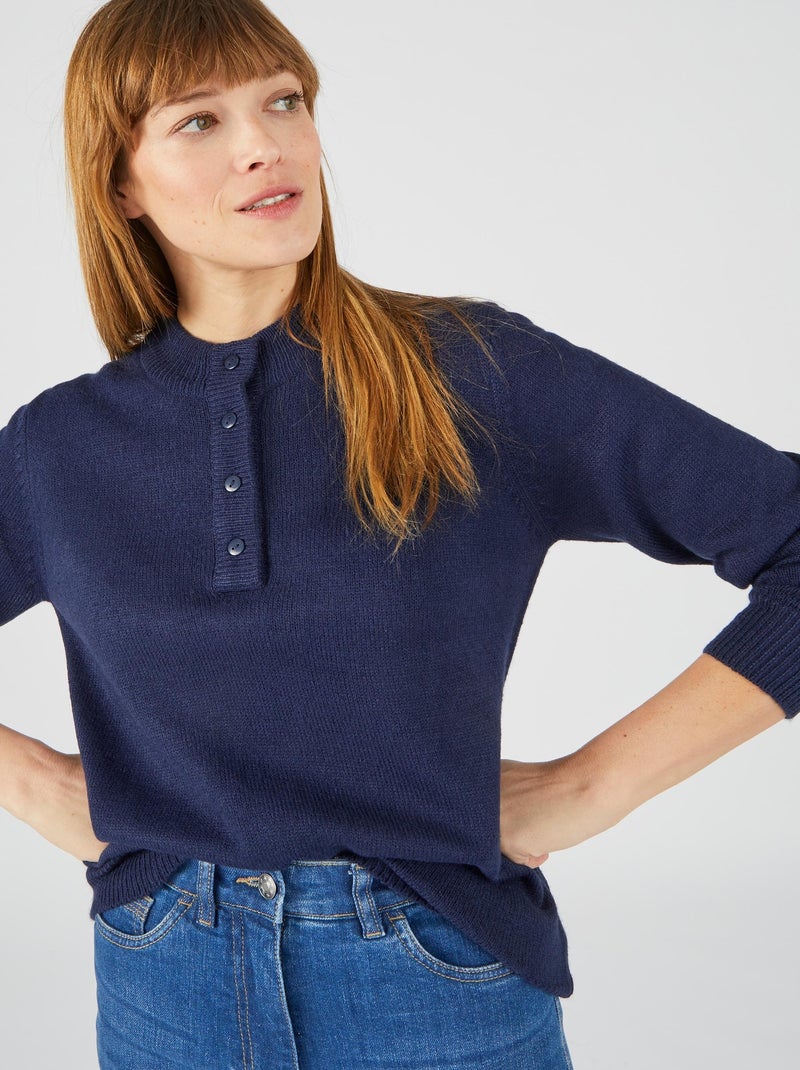 Pull col montant boutonné - Damart Bleu marine - Kiabi