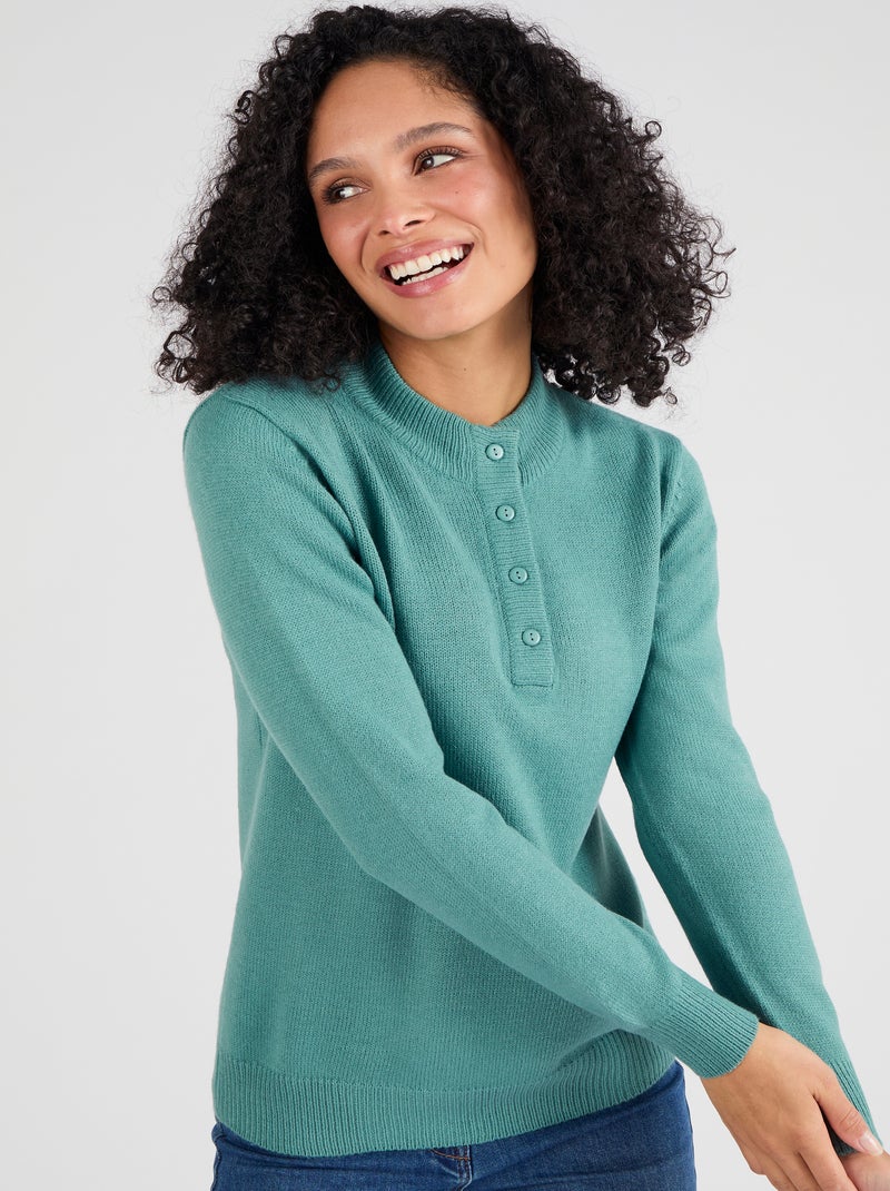 Pull col montant boutonné - Damart Vert pastel - Kiabi