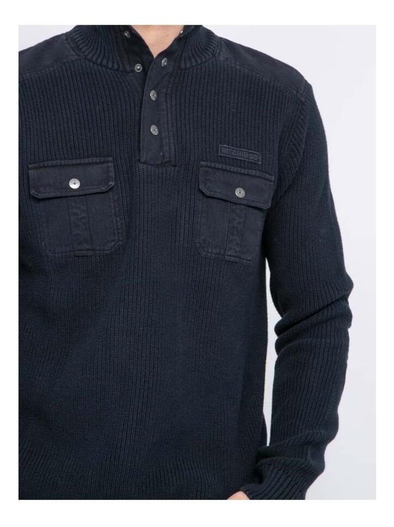 Pull col montant boutonné LOGANI Bleu marine - Kiabi