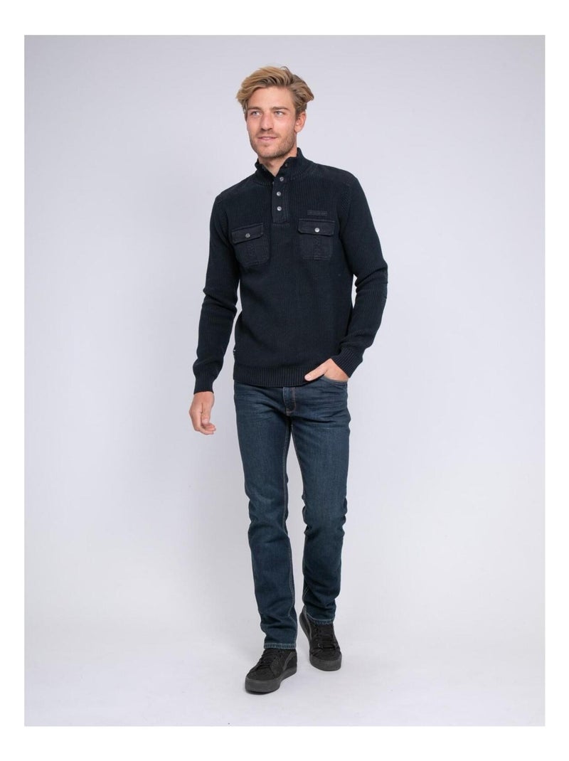Pull col montant boutonné LOGANI Bleu marine - Kiabi