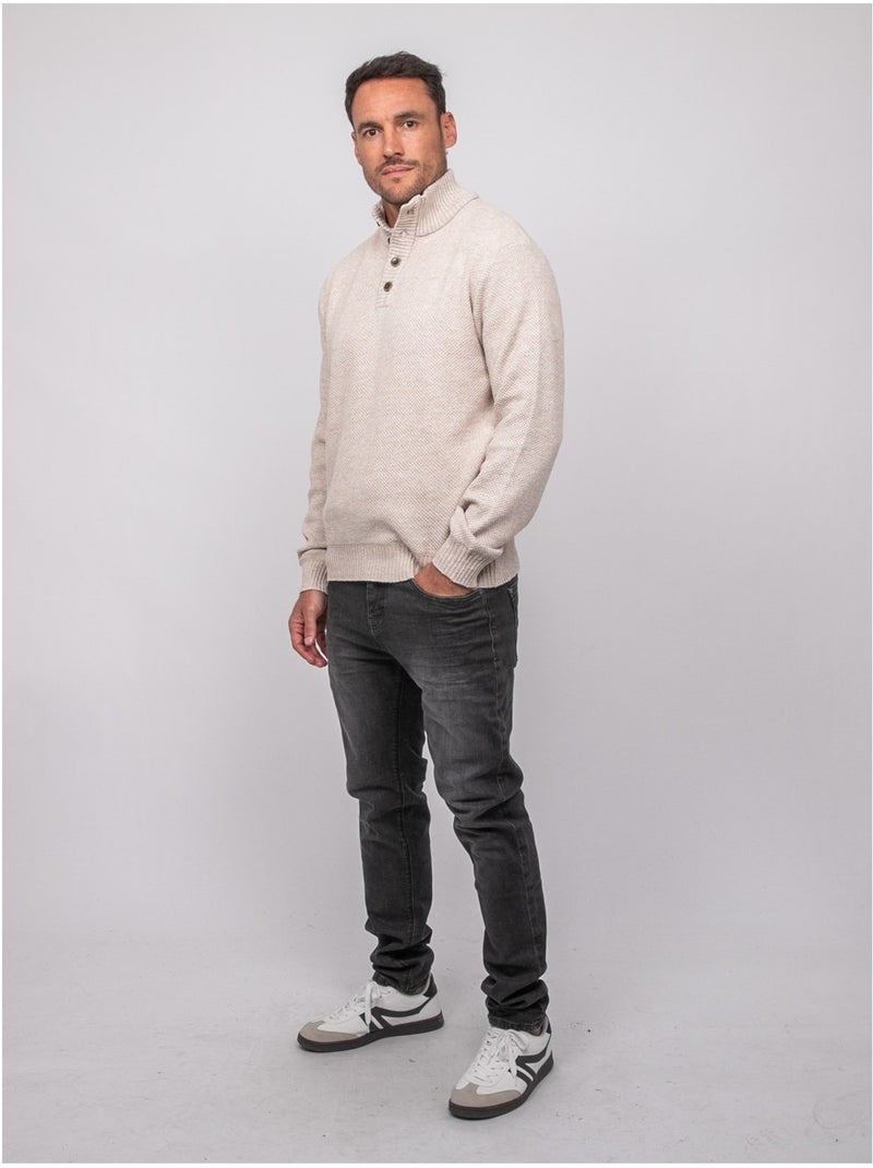 Pull col montant boutonné maille chinée lookies Beige - Kiabi