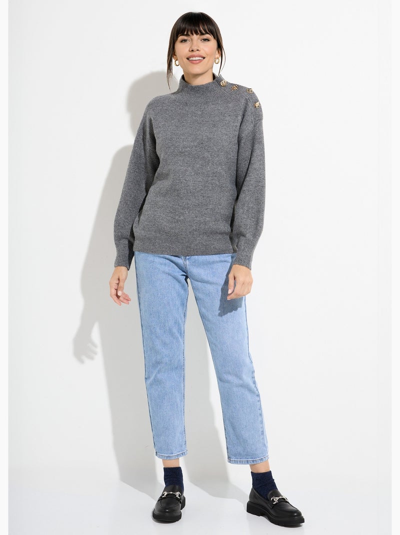 Pull col montant boutons bijou métal - afibel Gris - Kiabi