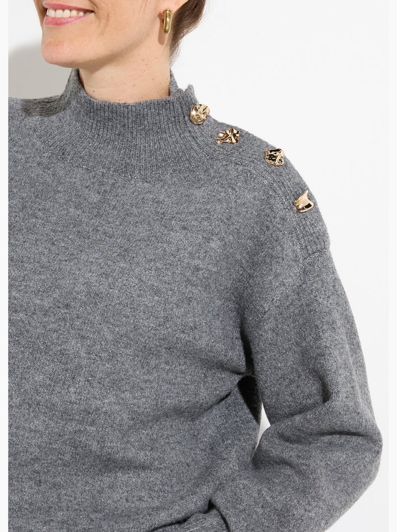 Pull col montant boutons bijou métal - afibel Gris - Kiabi