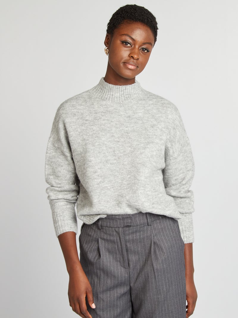 Pull col montant en maille douce Gris - Kiabi