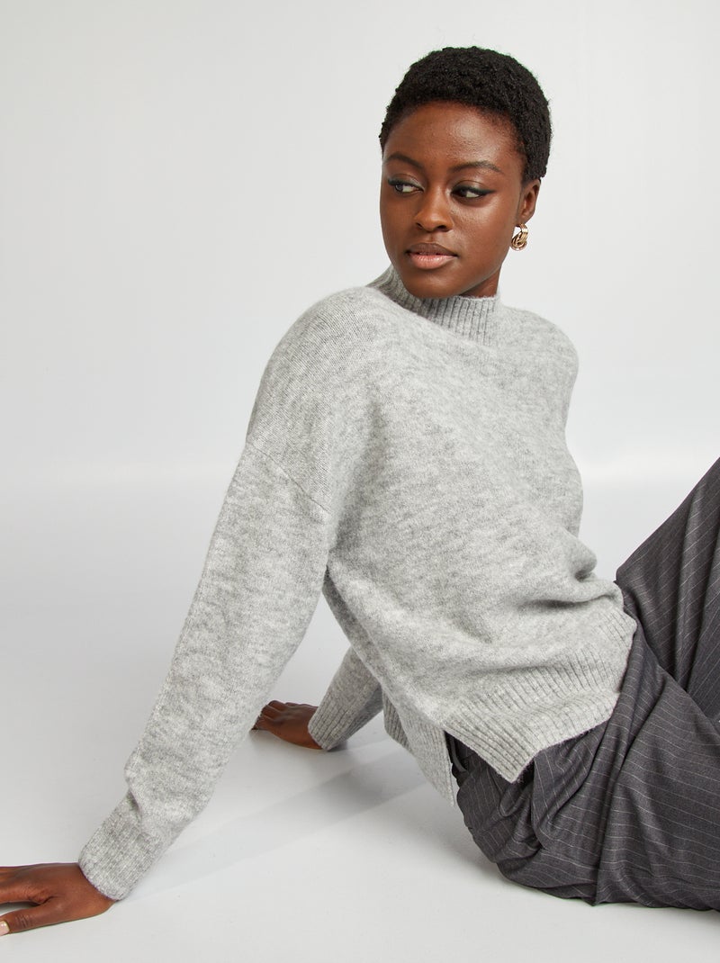 Pull col montant en maille douce Gris - Kiabi