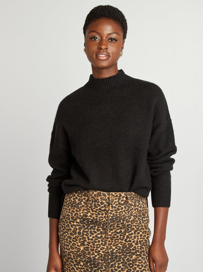 Pull col montant en maille douce noir - Kiabi