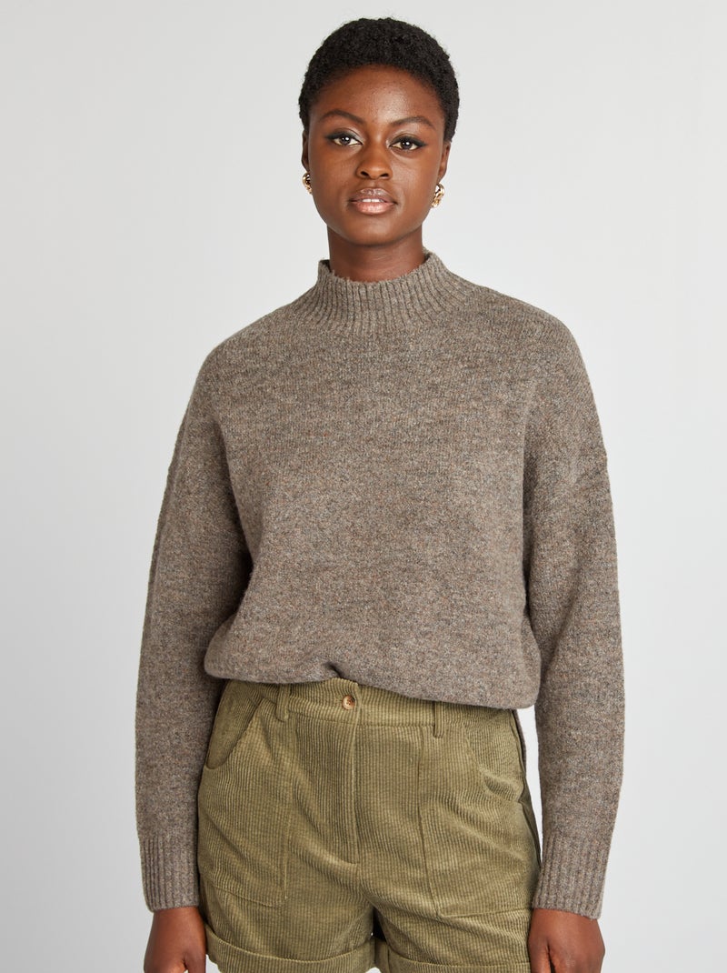 Pull col montant en maille douce Taupe - Kiabi