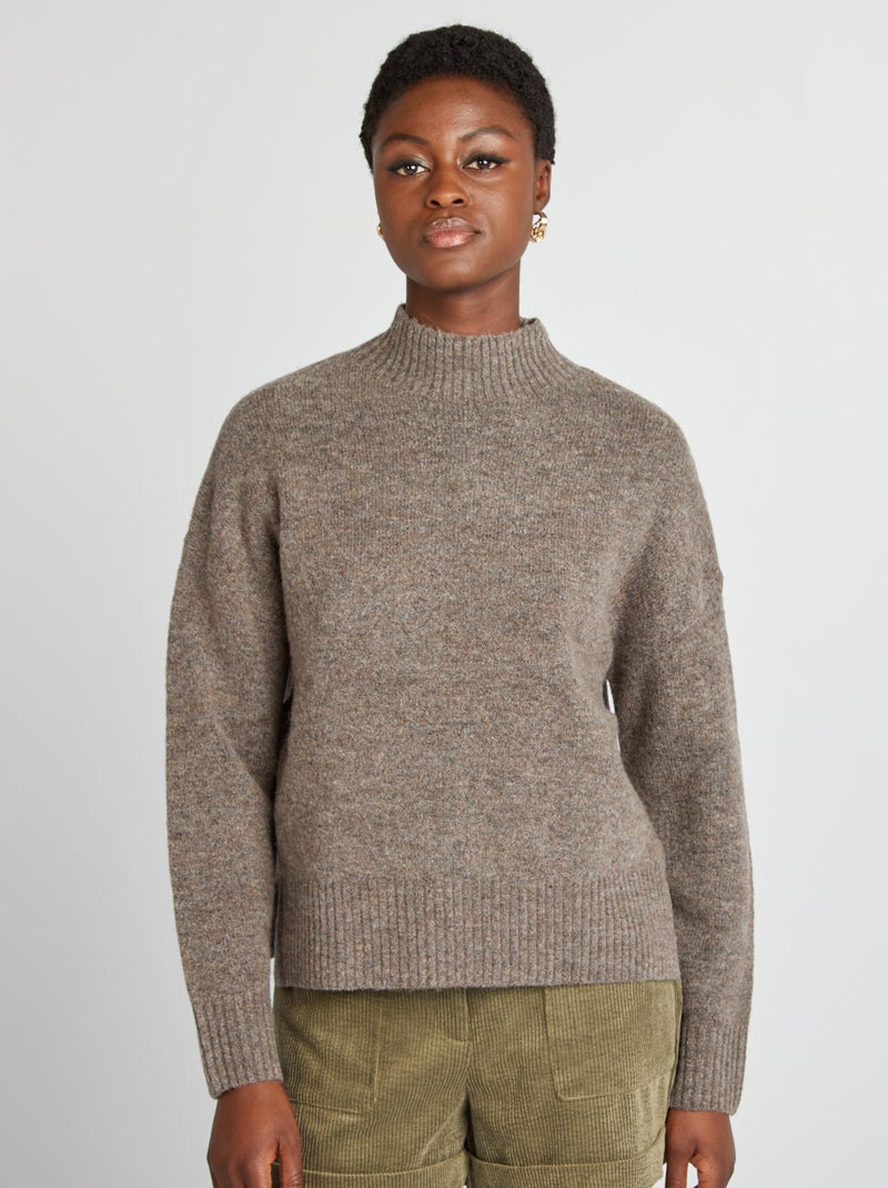 Pull col montant en maille douce Taupe Kiabi