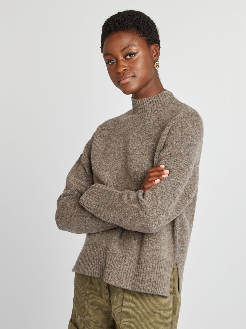 Pull col montant en maille douce Taupe - Kiabi